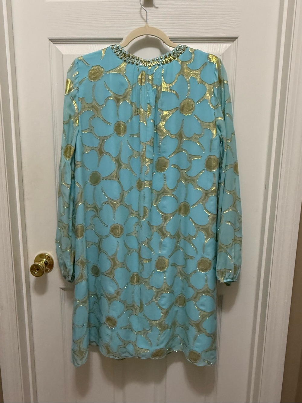“Lilly Pulitzer Size 12 Blue Gold Metallic Dress Beaded Neck Resort Cocktail” - Picture 5 of 6